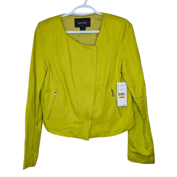 NWT KAREN KANE Jacket Blazer Zip-Front Women Lime Green linen Pocket Lined Small - Picture 1 of 11